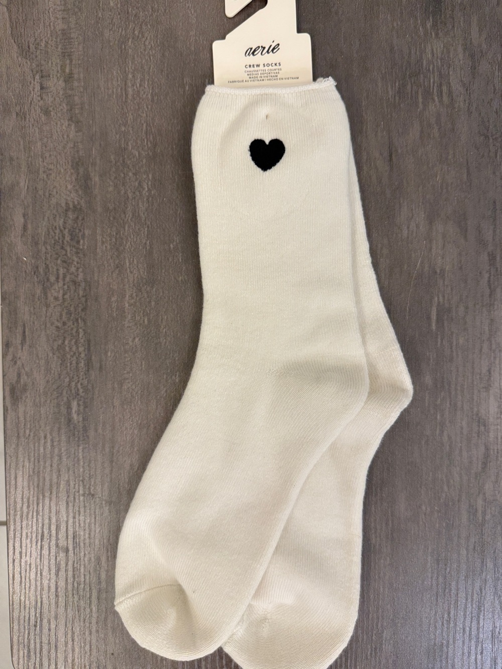 aerie Cream Crew Socks with Black Heart Accent